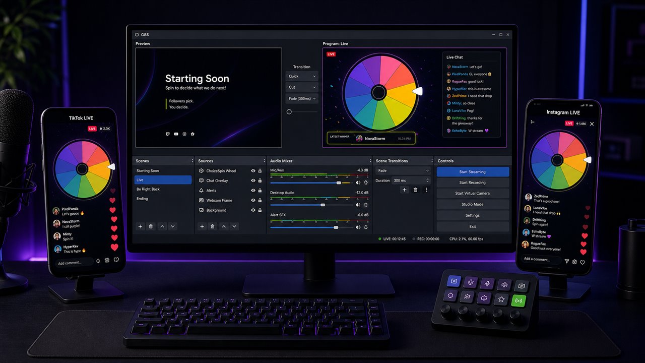 A creator workstation showing ChoiceSpin prepared for a live broadcast