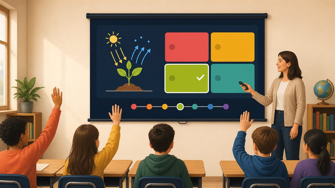 A classroom review game shown beside a colorful ChoiceSpin wheel