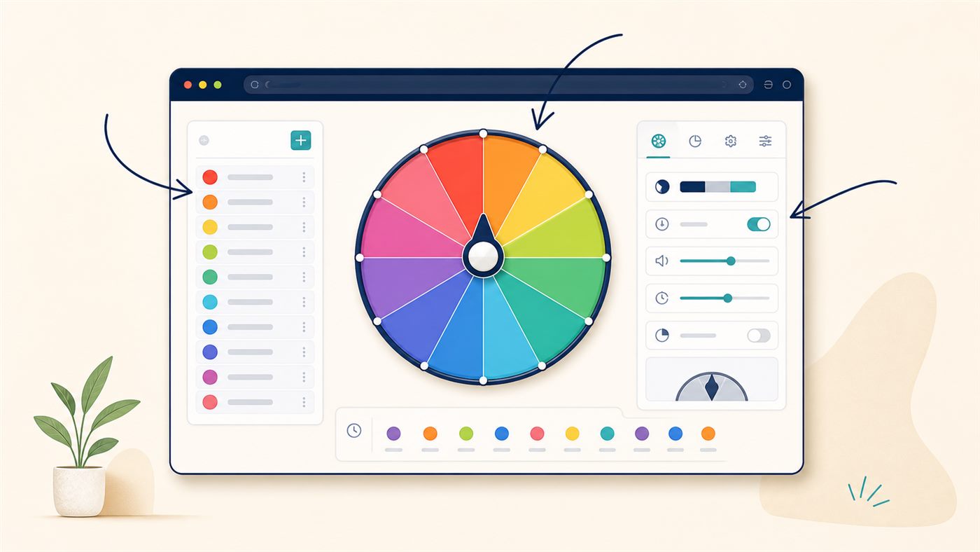 Illustrated ChoiceSpin builder showing an entry list, a colorful wheel, and customization controls